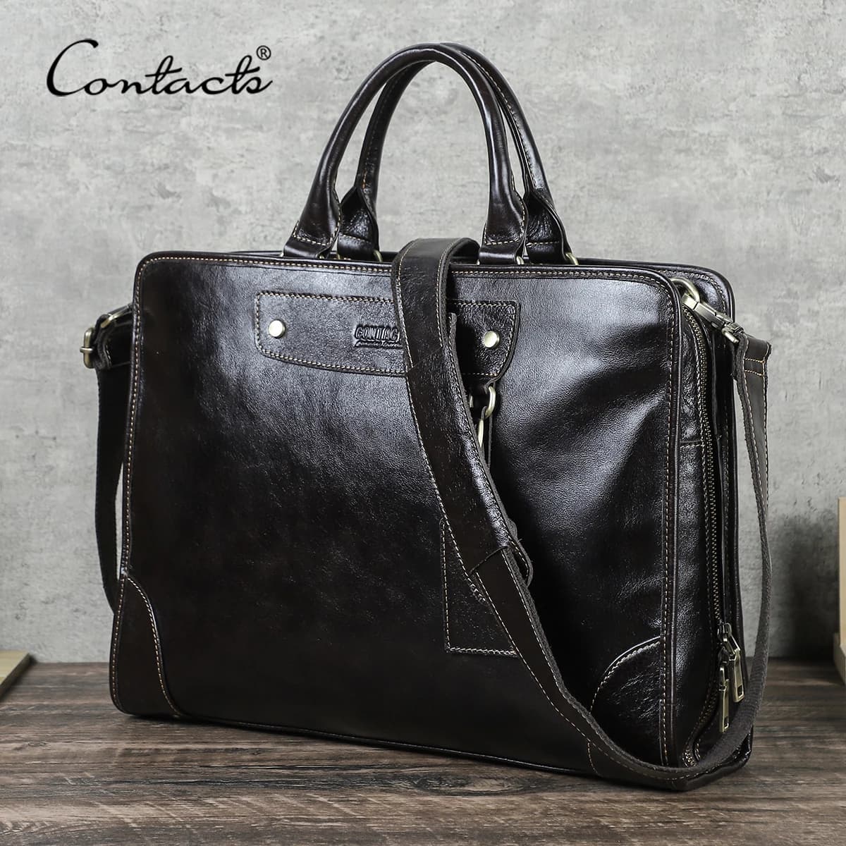 CONTACT'S Genuine Leather Business Bags for Men Luxury Designer Briefcase Office Bag Male Tote Laptop Bags for 14" Macbook Pro