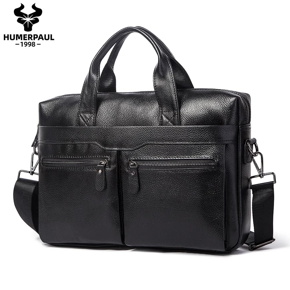 HUMERPAUL Men's Genuine Leather Briefcase Business Laptop Bag with Multiple Pockets Durable Handbag Shoulder Bags for Travel 