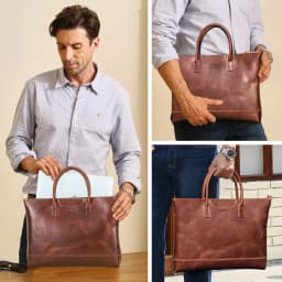 CONTACT'S Genuine Leather Tote Business Bag for Men Briefcase Portfolio Bag A4 Document Bag Tote Laptop Bags for 15" Macbook Air