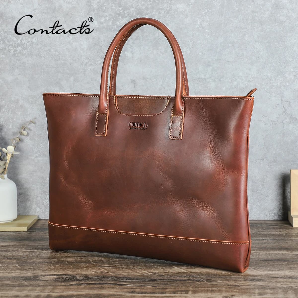 CONTACT'S Genuine Leather Tote Business Bag for Men Briefcase Portfolio Bag A4 Document Bag Tote Laptop Bags for 15" Macbook Air