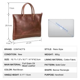 CONTACT'S Genuine Leather Tote Business Bag for Men Briefcase Portfolio Bag A4 Document Bag Tote Laptop Bags for 15" Macbook Air