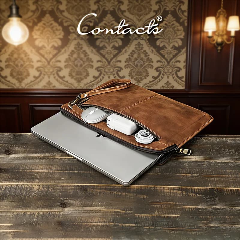 CONTACT'S Genuine Leather Laptop Case Macbook Pro 14.2 Inch Tablet Handbag Daily Office Businesses Gift Laptop Bags