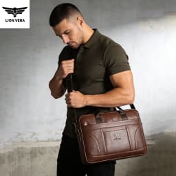 LION VERA Genuine Leather Bussiness Briefcases Black 15.6 inch Office Computer Bag For Men Luxury Handbags Laptop Briefcase Bags