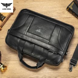 LION VERA Genuine Leather Bussiness Briefcases Black 15.6 inch Office Computer Bag For Men Luxury Handbags Laptop Briefcase Bags