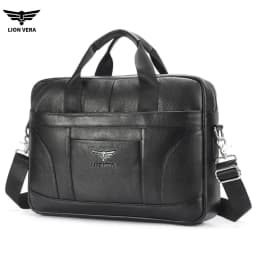 LION VERA Genuine Leather Bussiness Briefcases Black 15.6 inch Office Computer Bag For Men Luxury Handbags Laptop Briefcase Bags