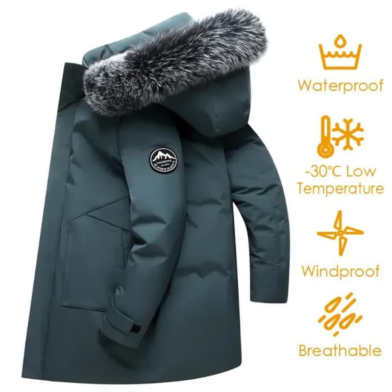 Long Men Windproof Down Jacket Coats Mens Warm White Duck Down Hooded Jacket Parkas Multi Pockets Overcoat Male Autumn Winter