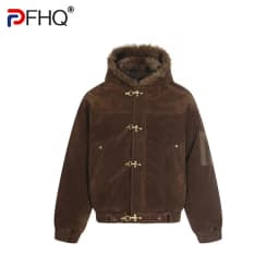 PFHQ American Style Men's Cotton Coats Hooded Faux Fur Metal Single Breasted Loose Solid Color Male Winter New Jackets CPG4887