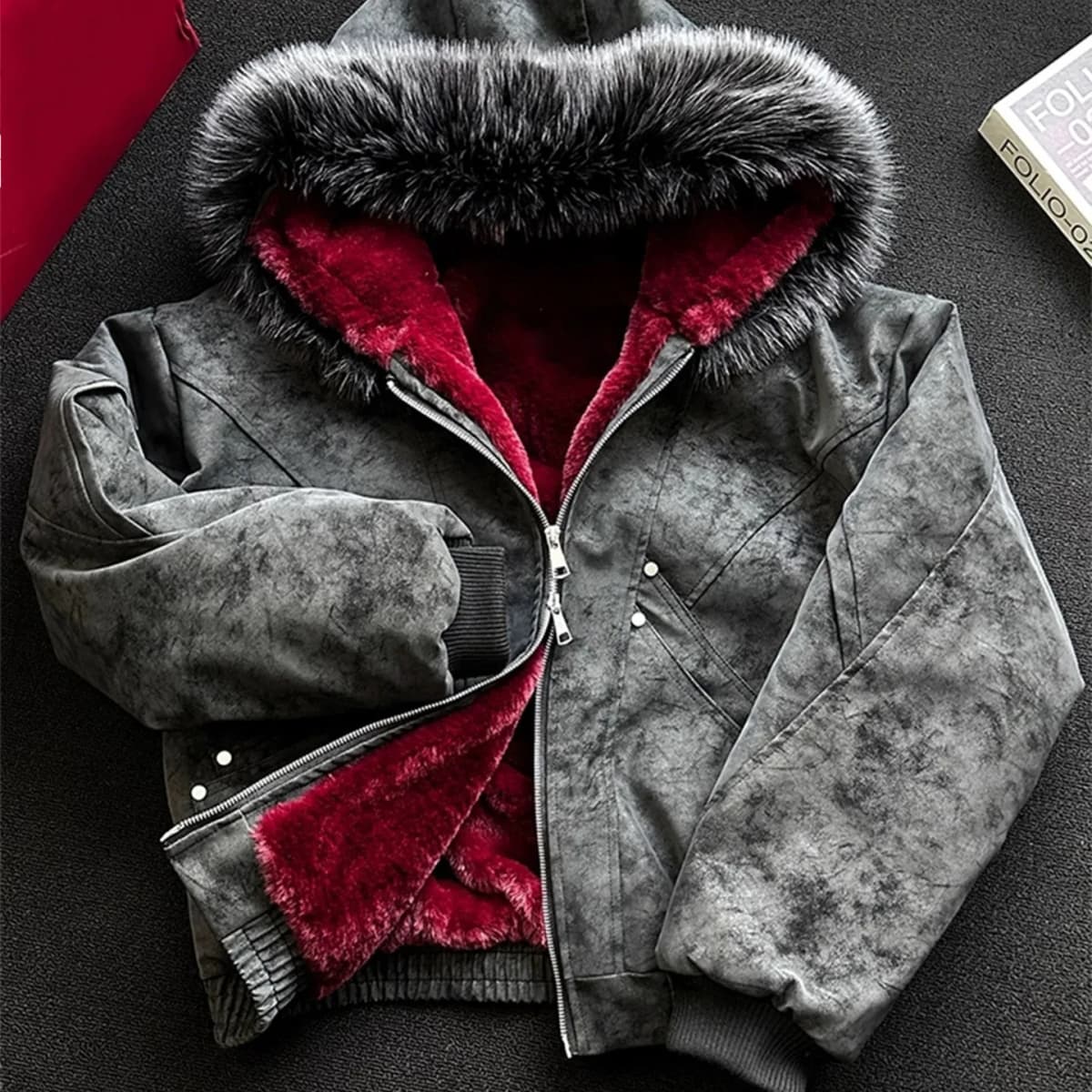 Red Faux Fur Lining PU Leather Winter Coat Man Woman Winter Warm Thicken Fleece Hooded Jacket Padded Coats
