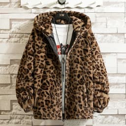 Retro Leopard Print Harajuku Hip Hop Style Loose Fleece Lined Thickened Hooded Warm Cotton Jacket Autumn Winter Polyester Fiber