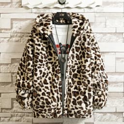 Retro Leopard Print Harajuku Hip Hop Style Loose Fleece Lined Thickened Hooded Warm Cotton Jacket Autumn Winter Polyester Fiber