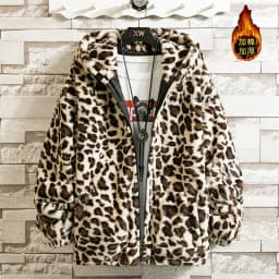 Retro Leopard Print Harajuku Hip Hop Style Loose Fleece Lined Thickened Hooded Warm Cotton Jacket Autumn Winter Polyester Fiber