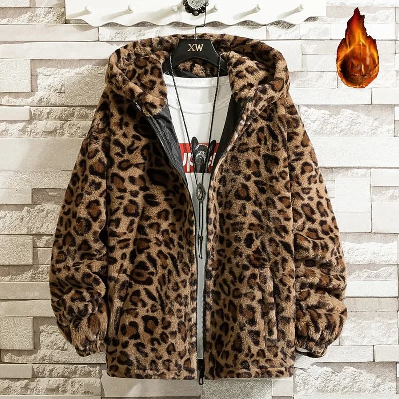Retro Leopard Print Harajuku Hip Hop Style Loose Fleece Lined Thickened Hooded Warm Cotton Jacket Autumn Winter Polyester Fiber