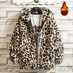Retro Leopard Print Harajuku Hip Hop Style Loose Fleece Lined Thickened Hooded Warm Cotton Jacket Autumn Winter Polyester Fiber