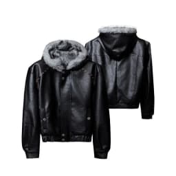 Mens Jacket Harajuku American Deconstructed Faux Wolf Fur Hooded Cotton Coat Studded Short Leather Style Winter Warm Streetwear