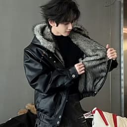 Mens Jacket Harajuku American Deconstructed Faux Wolf Fur Hooded Cotton Coat Studded Short Leather Style Winter Warm Streetwear