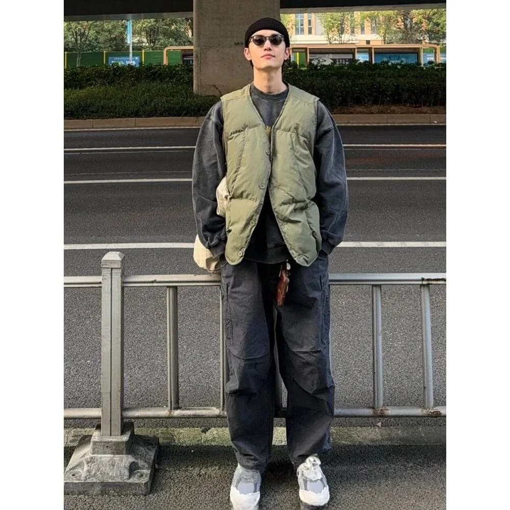 American Retro Thickened Warmth V-neck Cotton Vest Men's Fashion Street Vintage Style No-shoulder Jacket Youth Popularity