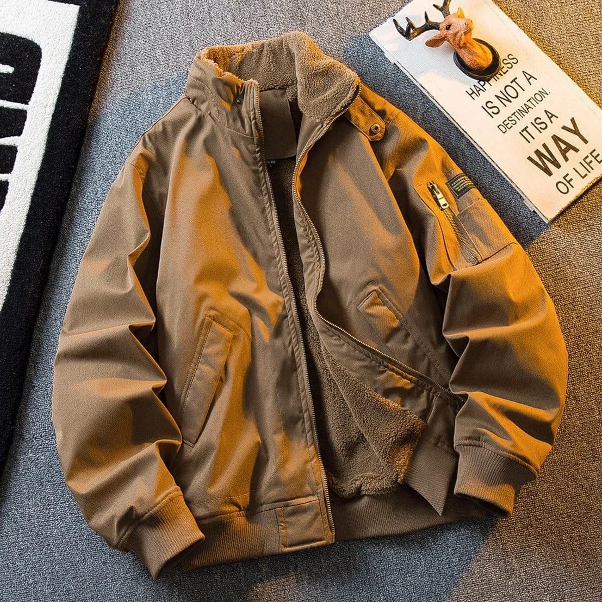 Men's Thickened Fleece Flight Jacket Winter Warm Workwear Military Style Cotton Coat Outerwear Youth Casual Cleanfit Long Sleeve