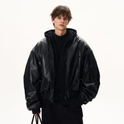 PFHQ Niche Men PU Leather Cotton Jacket American Style Fake Two-Piece Spliced Hooded Thickened Design Fashion Clothing 21E7548