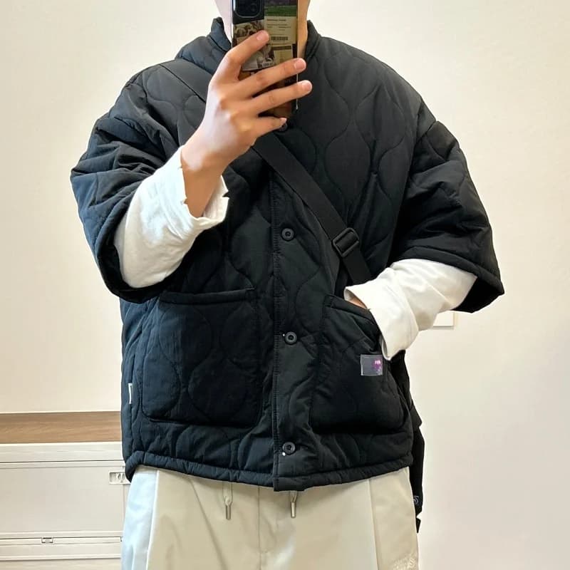 Retro Japanese Style Cotton Jacket Inner Short Sleeve Unisex Winter Coat Warmth Cleanfit Casual Pure Color Button up
