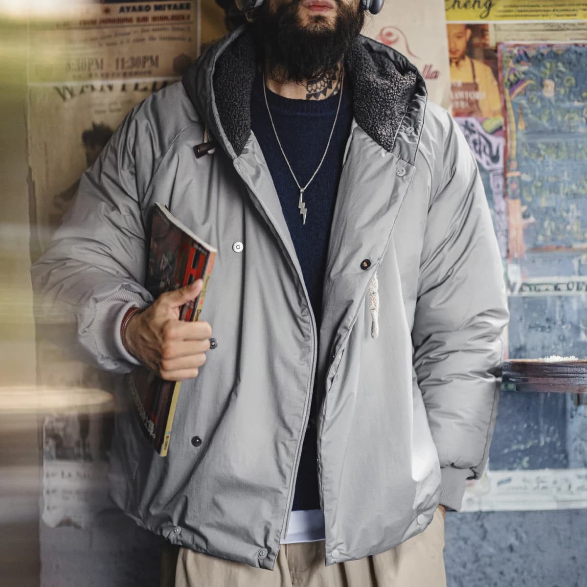 Maden Vintage N-3B Gray Parka for Men Toggle Buttons Hooded Short Coat Heavyweight Thermal Padded Jacket for Autumn Winter
