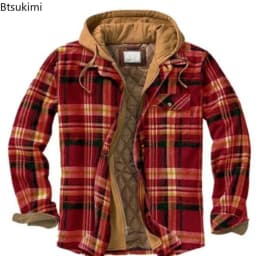 2026 Men's Winter Printed Cotton Jackets Harajuku Plaid Shirts Coats Hooded Zipper Long Sleeve Basic Casual Shirts Jackets Male