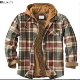 2026 Men's Winter Printed Cotton Jackets Harajuku Plaid Shirts Coats Hooded Zipper Long Sleeve Basic Casual Shirts Jackets Male
