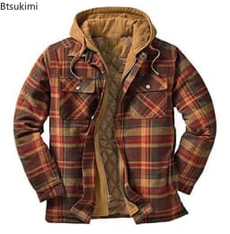 2026 Men's Winter Printed Cotton Jackets Harajuku Plaid Shirts Coats Hooded Zipper Long Sleeve Basic Casual Shirts Jackets Male