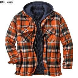 2026 Men's Winter Printed Cotton Jackets Harajuku Plaid Shirts Coats Hooded Zipper Long Sleeve Basic Casual Shirts Jackets Male