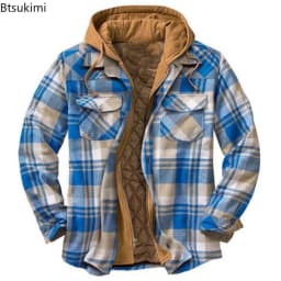 2026 Men's Winter Printed Cotton Jackets Harajuku Plaid Shirts Coats Hooded Zipper Long Sleeve Basic Casual Shirts Jackets Male