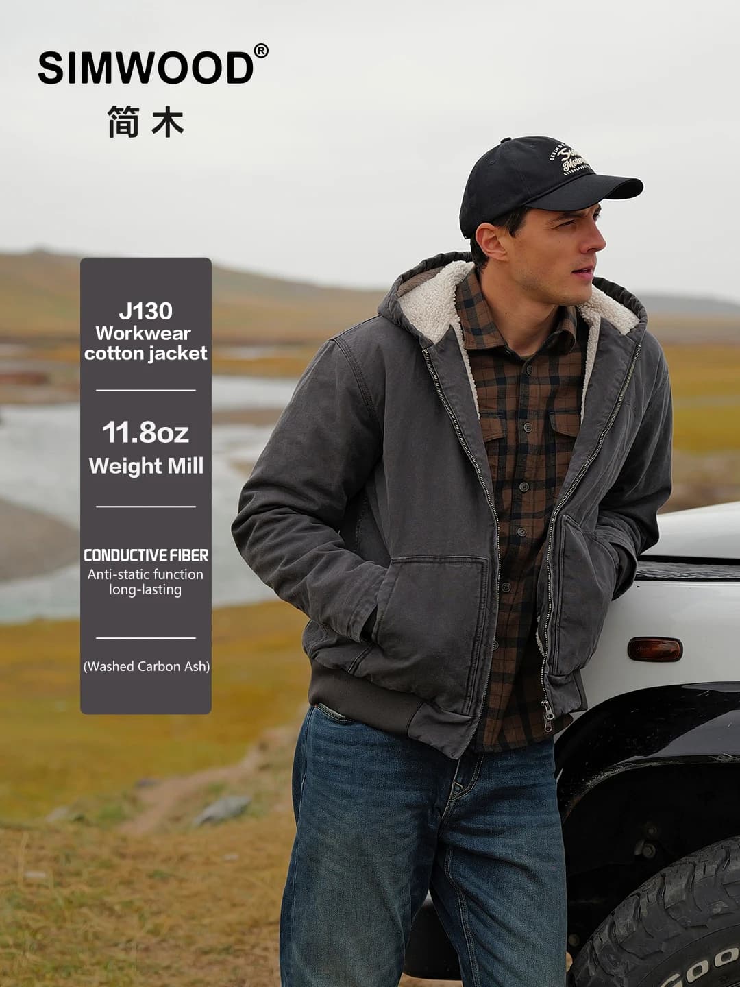 SIMWOOD 2025 Winter New Oversize Washed Vintage Sherpa Lined Jackets Men Plus Size Hooded Warm Coats Brand Clothing