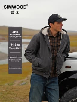 SIMWOOD 2025 Winter New Oversize Washed Vintage Sherpa Lined Jackets Men Plus Size Hooded Warm Coats Brand Clothing