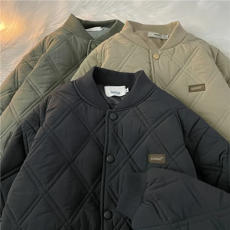 Diamond Pattern Men's Cotton Jacket Baseball Style Autumn Winter Coat Thickened Casual Loose Fit Youth Fashion