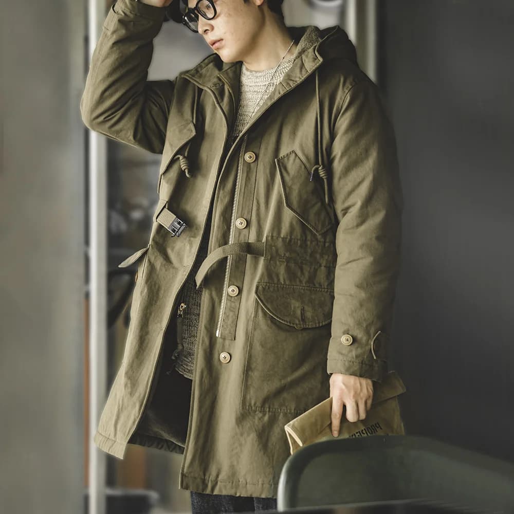 Maden Heavyweight M47 Parka for Men Mid-length Thickened Hooded Coat Adjustable Cuffs Winter Warm Fleece-lined Cotton Jacket