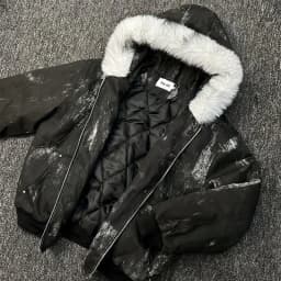 Mens Jacket Winter Streetwear Black Padded Coat Tie Dye Design Faux Fur Hood Zip Up Quilted Warm Outerwear Dark Retro Fashion