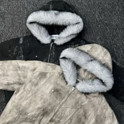 Mens Jacket Winter Streetwear Black Padded Coat Tie Dye Design Faux Fur Hood Zip Up Quilted Warm Outerwear Dark Retro Fashion