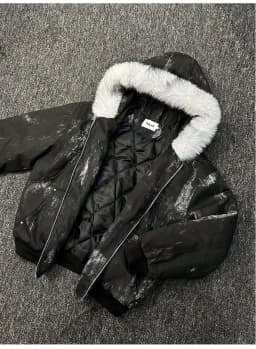 Mens Jacket Winter Streetwear Black Padded Coat Tie Dye Design Faux Fur Hood Zip Up Quilted Warm Outerwear Dark Retro Fashion