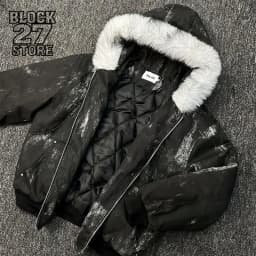 Mens Jacket Winter Streetwear Black Padded Coat Tie Dye Design Faux Fur Hood Zip Up Quilted Warm Outerwear Dark Retro Fashion