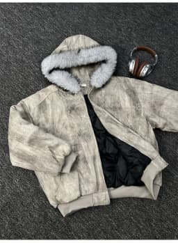 Mens Jacket Winter Streetwear Black Padded Coat Tie Dye Design Faux Fur Hood Zip Up Quilted Warm Outerwear Dark Retro Fashion