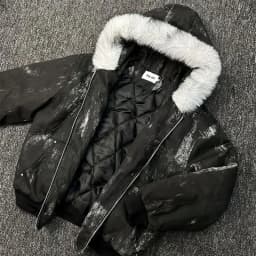 Mens Jacket Winter Streetwear Black Padded Coat Tie Dye Design Faux Fur Hood Zip Up Quilted Warm Outerwear Dark Retro Fashion