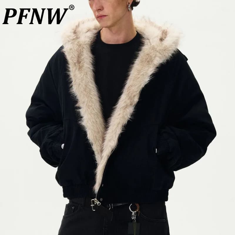PFNW Patchwork Fur Collar Cotton Jacket Autumn Winter New Men's Hooded Long Sleeved Short Cardigan Coat 28L1106