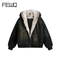 FEWQ Men's Padded Jackets New Fashion Denim Fleece Hooded Worn-out Zipper Patchwork Loose Winter Male Clothing Stylish 24F1011