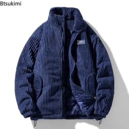 New Winter Fashion Casual Parkas for Men Stand Collar Solid Color Outerwear Corduroy Thicken Warm Jacket Cotton-padded Jacket