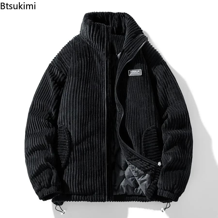 New Winter Fashion Casual Parkas for Men Stand Collar Solid Color Outerwear Corduroy Thicken Warm Jacket Cotton-padded Jacket