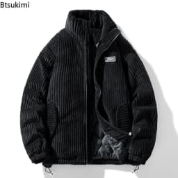 New Winter Fashion Casual Parkas for Men Stand Collar Solid Color Outerwear Corduroy Thicken Warm Jacket Cotton-padded Jacket