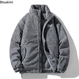 New Winter Fashion Casual Parkas for Men Stand Collar Solid Color Outerwear Corduroy Thicken Warm Jacket Cotton-padded Jacket