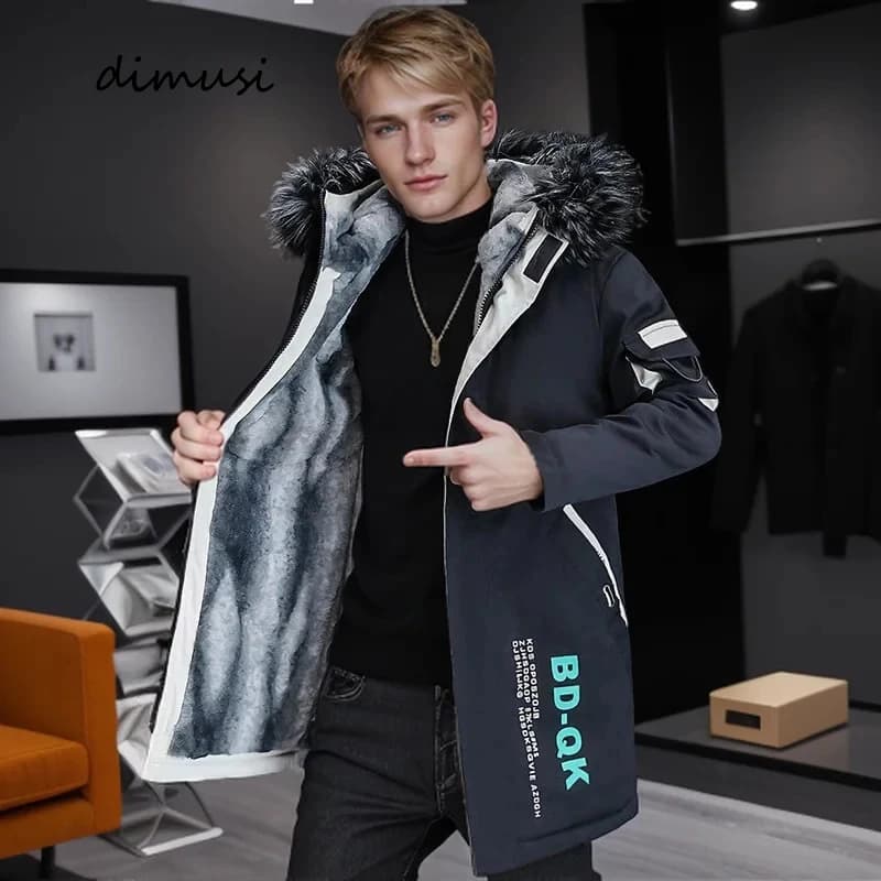 DIMUSI Winter Men's Mid-Long Parkas Coats Male Thermal Hooded Jackets Men Classic Fur Collar Fleece Liner Padded Jacket Clothing