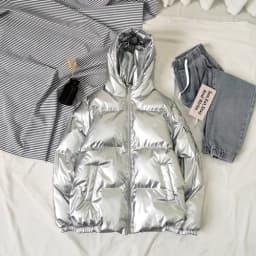 Streetwear Fashion Bright Silver Puffer Jackets for Men Thicken Winter Mens Coats Casual Hooded Cotton Wadded Heated Jacket Men
