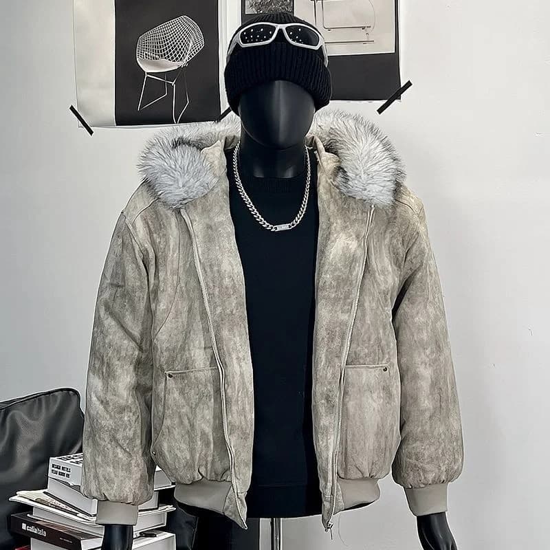 Y2K Cotton jacket with fur collar eagle embroidered and tie-dyeed winter men's design outdoor jacket thick and comfortable