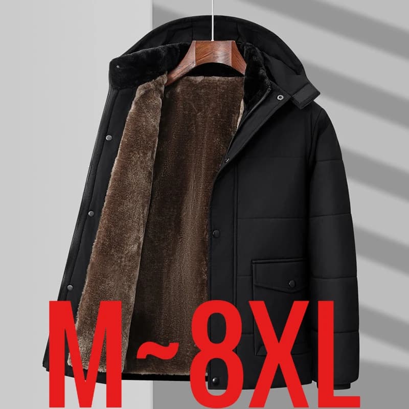 Big Size 8XL Men's Winter Jacket Hooded Fleece Lined Warm Coat Male Cotton Padded Plus Large Thick Windbreaker Casual Plush Cold