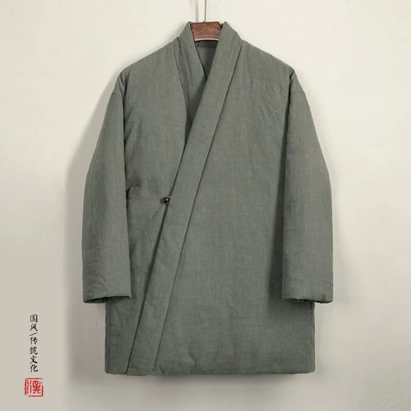 Tang Suit Cotton-Padded Jacket Men Chinese Stylethicken Coat Winter Vintage Solid Color Cotton Linen Outerwear Oriental Parkas